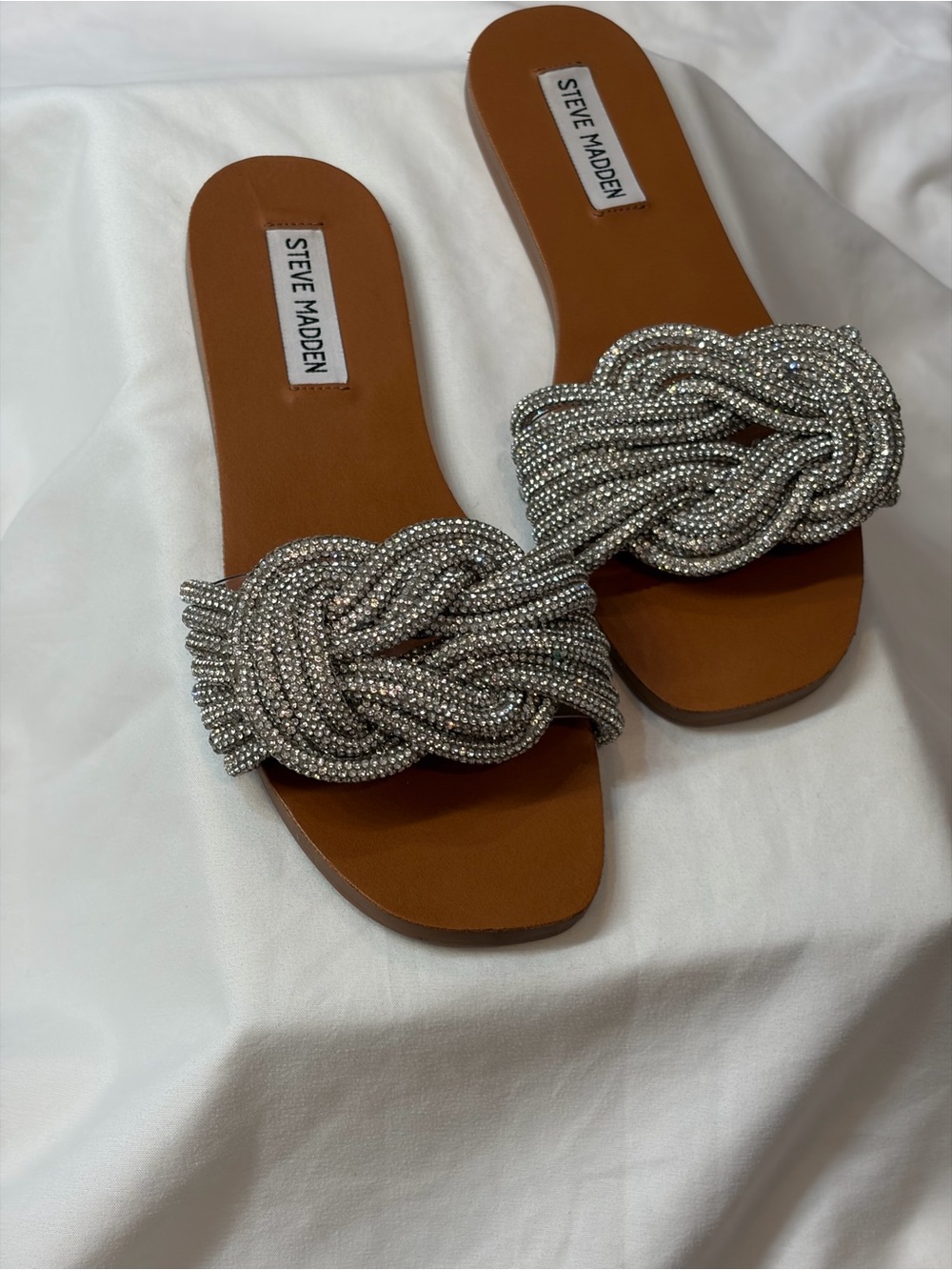 Steve Madden Silver Braided Slide Sandals with Tan Footbed